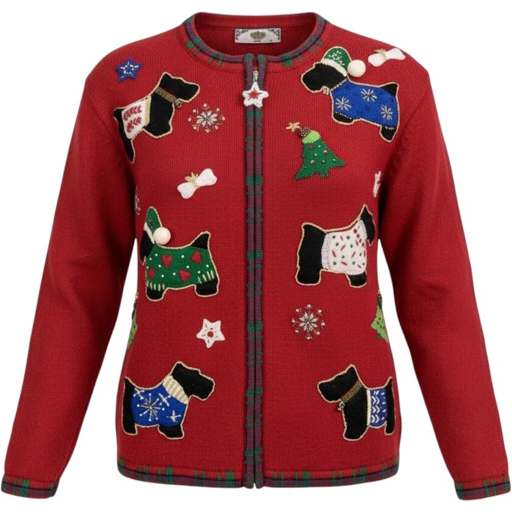 Tiara International Christmas Scottie Dog Ramie Cotton Cardigan Large Red Dog
